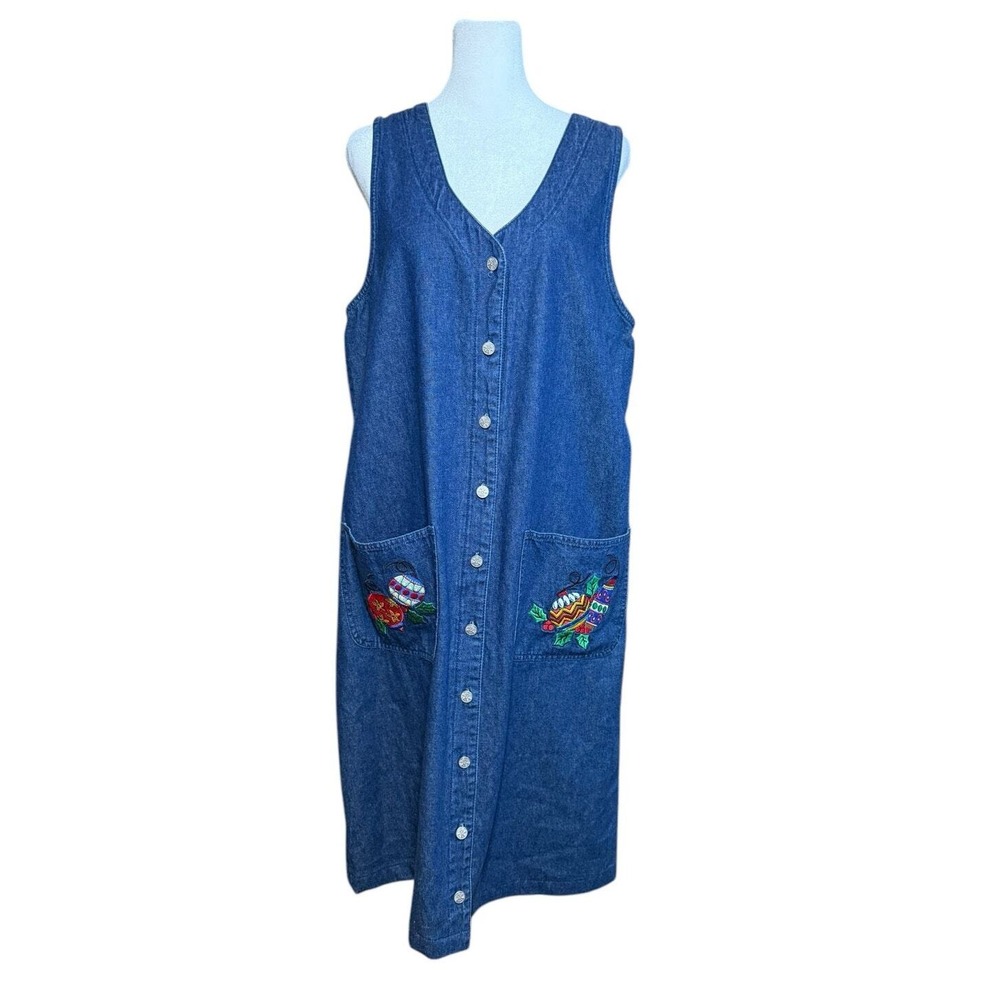 Vintage Christmas Denim Jumper Dress Womens 12 Embroidered Teacher‎ Midi - Picture 2 of 16